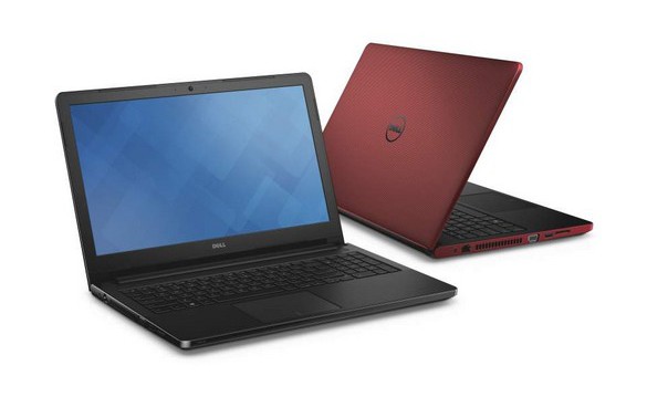 Two red Dell Vostro 18 3000 Series (Model 3558) Non-Touch 15-inch notebook computers, with Intel Broadwell (BDW) processor. <a href=