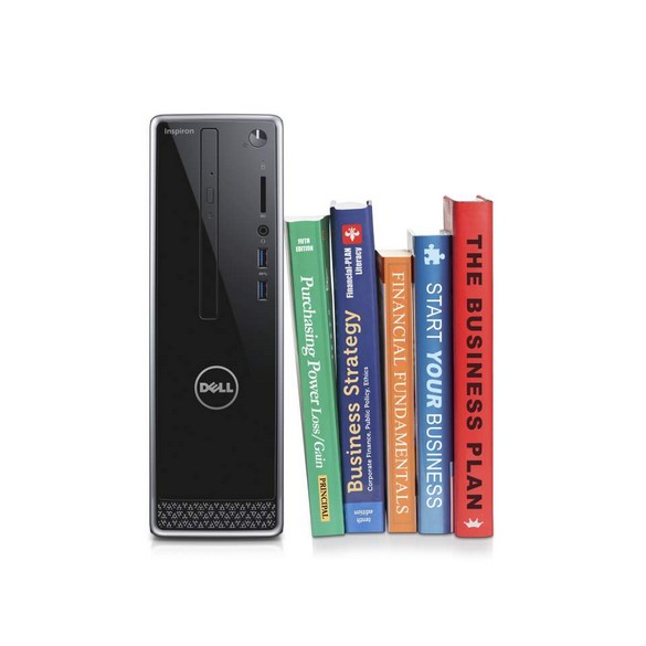Dell Inspiron Small Desktop (Small Form Factor Model 3252, Lily) desktop computer in black with silver trim and silver mesh (Value version) shown with a several books resting against it.