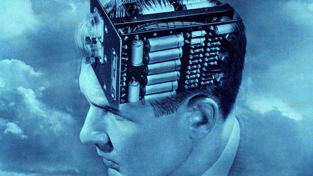Creative engineering. Vintage illustration of the head of a man with an electronic circuit board for a brain. <a href=