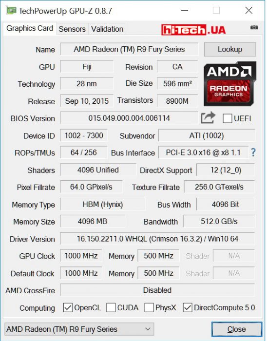 Видеокарта AMD Radeon R9 Nano (GPUZ)