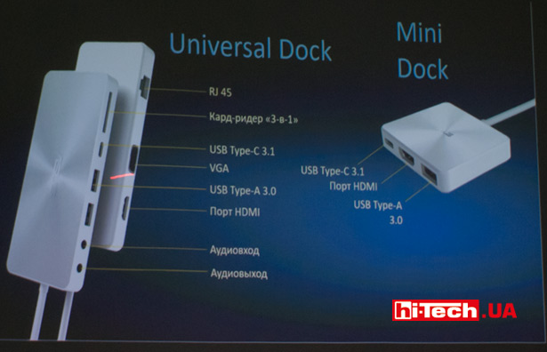 В комплекте с Asus ZenBook 3 поставляется базовая док-станция (справа), более продвинутые варианты док-станций приобретаются отдельно