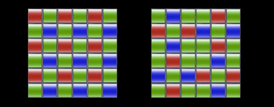 Расположение светофильтров пикселей на байеровской матрице (слева) и матрице Fujifilm X-Trans