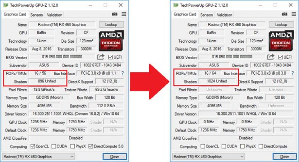 Увеличение количества потоковых процессоров с 896 до 1024 путем перепрошивки BIOS в AMD Radeon RX 460
