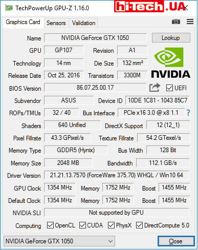Характеристики Asus EX-GTX1050-2G по данным GPU-Z