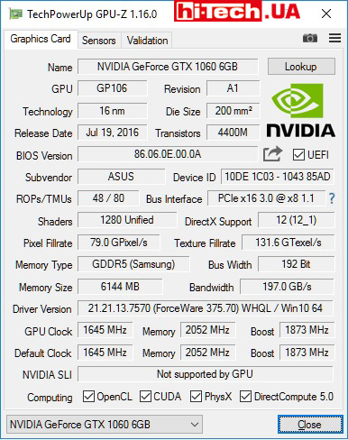 Характеристики ASUS ROG STRIX-GTX1060-O6G-GAMING по данным GPU-Z