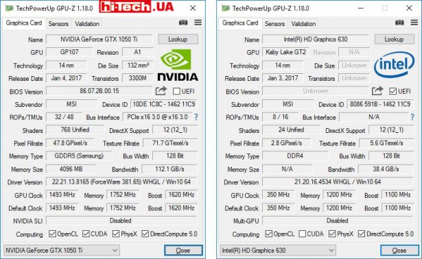 Характеристики графических адаптеров MSI GE72 7RE APACHE PRO (данные GPU-Z)